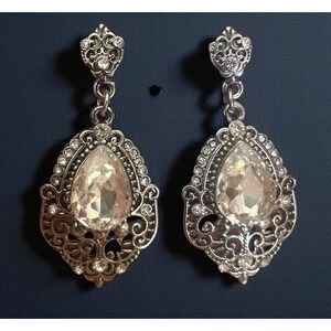 Sparkling Drop Filigree Crystal Rhinestone Stud Earrings Wedding Party 1.75"L